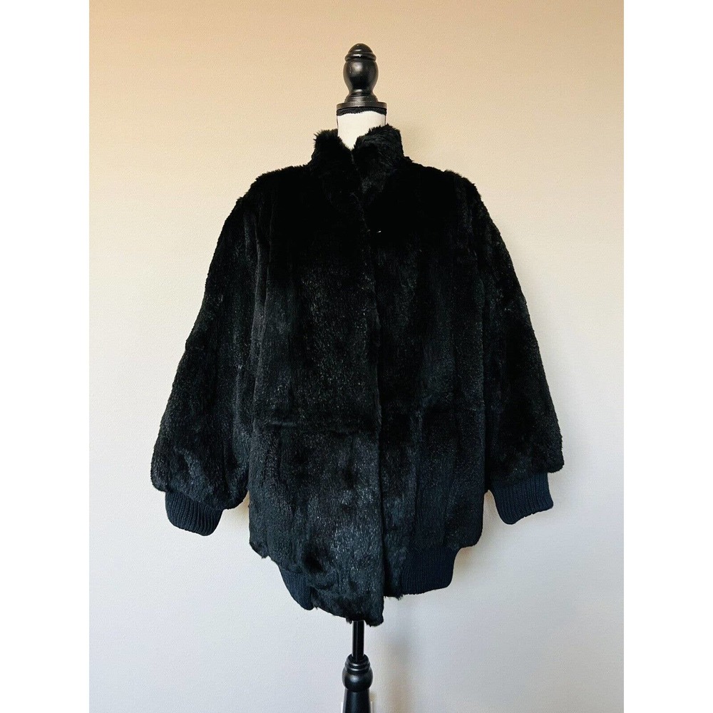 Black Real RABBIT Fur Bomber Jacket Women's Cozy Coat SIZE MEDIUM/Large